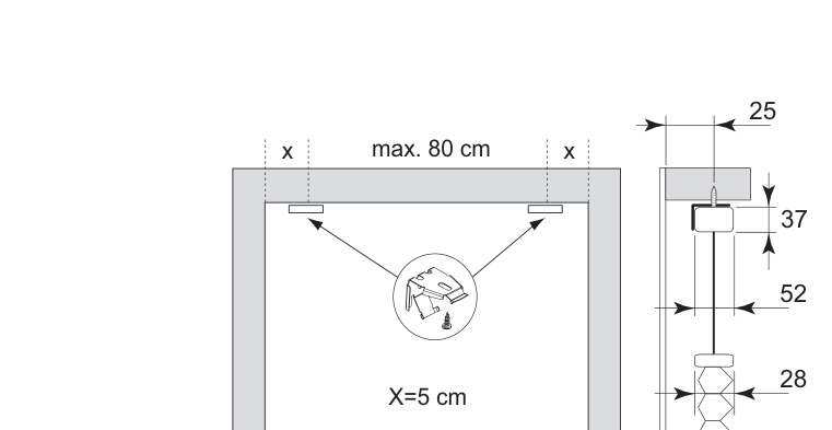 Målskisse for tak/nisje: braketter plassert x=5 cm inn fra hjørnene med maks. 80 cm mellomrom, og sideprofil med mål 25, 37, 52 og 28