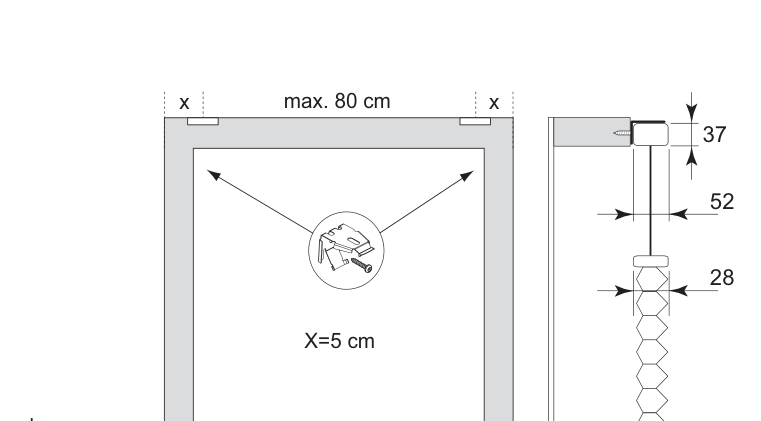 Målskisse for vegg/vindusramme: braketter plassert x=5 cm inn fra hjørnene med maks. 80 cm mellomrom, og sideprofil med mål 37, 52 og 28
