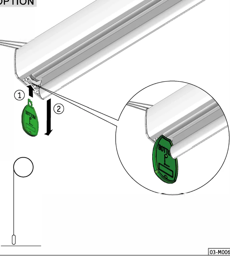 OPTION: grønt merke med teksten BOTTOM føres inn i sporet i bunnlisten (1) og skyves nedover (2), med forstørret detalj av merket i sporet