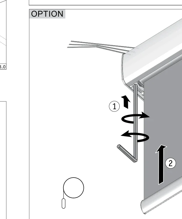 OPTION: S3-kassett med utrullet duk der umbrakonøkkel roteres (1) og duken beveges oppover (2)