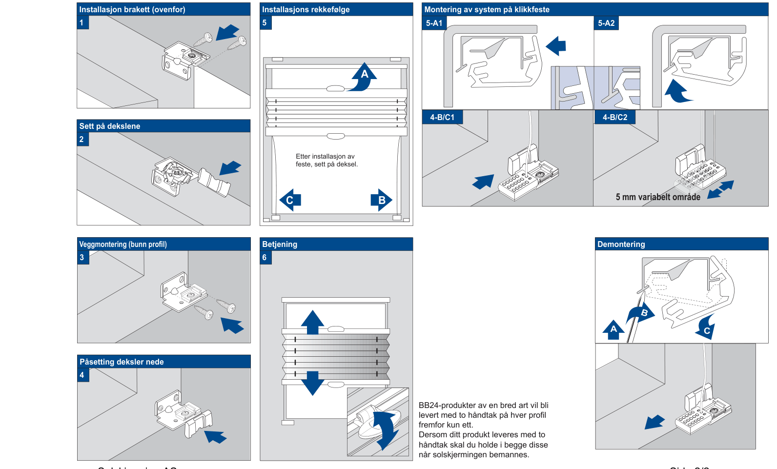 Stegdiagrammer for veggmontering av DB20: 1 installasjon brakett ovenfor, 2 sett på dekslene, 3 veggmontering bunn profil, 4 påsetting deksler nede, 5 installasjonsrekkefølge A/B/C, 5-A1/5-A2/4-B/C1/4-B/C2 montering av system på klikkfeste med 5 mm variabelt område, 6 betjening og demontering