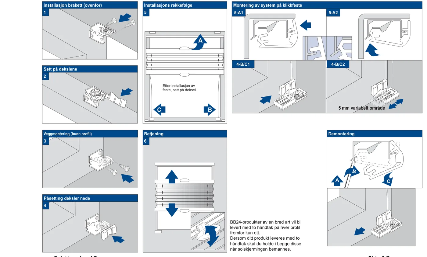 Stegdiagrammer for veggmontering av BB20: 1 veggmontering topp profil, 2 veggmontering brakett nede, 3 sett på dekslene, 4 påsetting deksler nede, 5 installasjonsrekkefølge A/B/C, 5-A1/5-A2/5-B/C 1/5-B/C 2 montering av system på klikkfeste med 5 mm variabelt område, 6 betjening og demontering