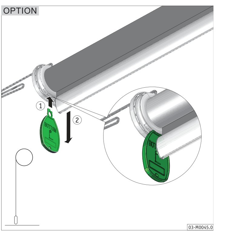OPTION: grønt merke med teksten BOTTOM føres inn i sporet i bunnlisten (1) og skyves nedover (2), med forstørret detalj av merket i sporet