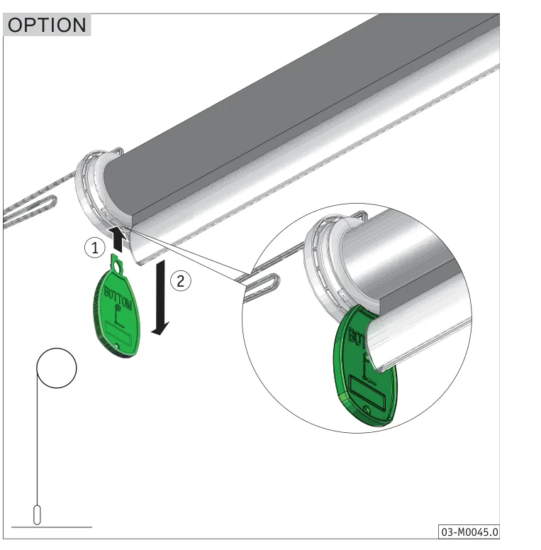 OPTION: grønt merke med teksten BOTTOM føres inn i sporet i bunnlisten (1) og skyves nedover (2), med forstørret detalj av merket i sporet