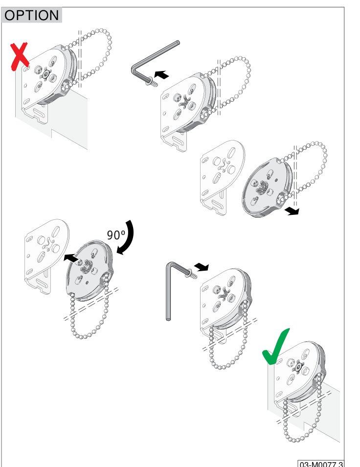 OPTION: kulekjedemekanismen på feil side (rødt kryss) løsnes med umbrakonøkkel, trekkes av, roteres 90° og settes tilbake på riktig side (grønt hakemerke)