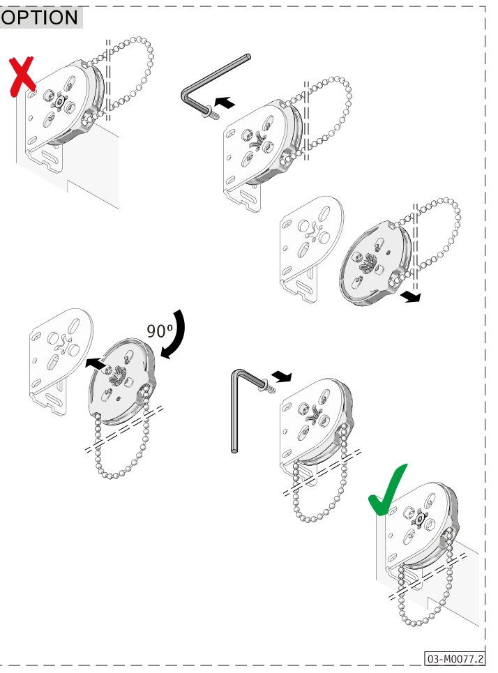 OPTION: kulekjedemekanismen tas av braketten på feil side (X), løsnes med umbrakonøkkel, roteres 90° og settes tilbake på riktig side (grønt hakemerke)