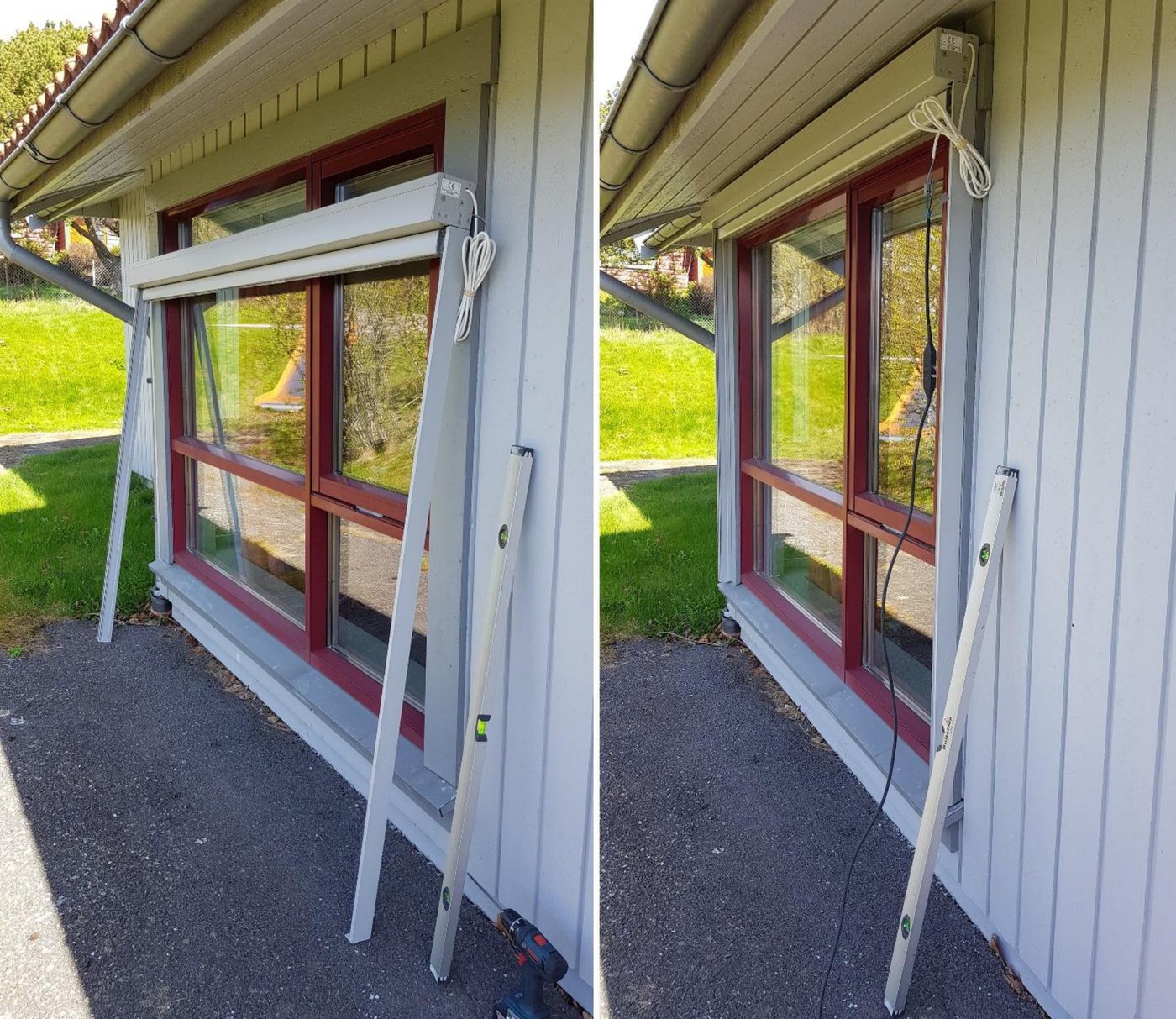 To fotografier av en ZIP Screen montert over et vindu på en trekledd husfasade, sett før og etter at kassett og sideskinner er festet, med et langvater lent mot sideskinnen