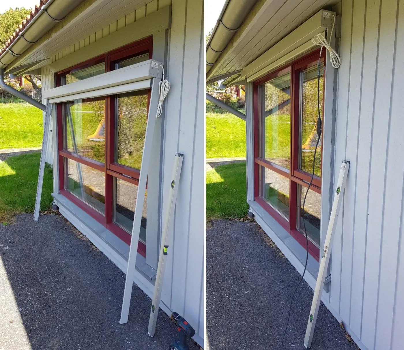 To fotografier av en ZIP Screen montert over et vindu på en trekledd husfasade, sett før og etter at kassett og sideskinner er festet, med et langvater lent mot sideskinnen