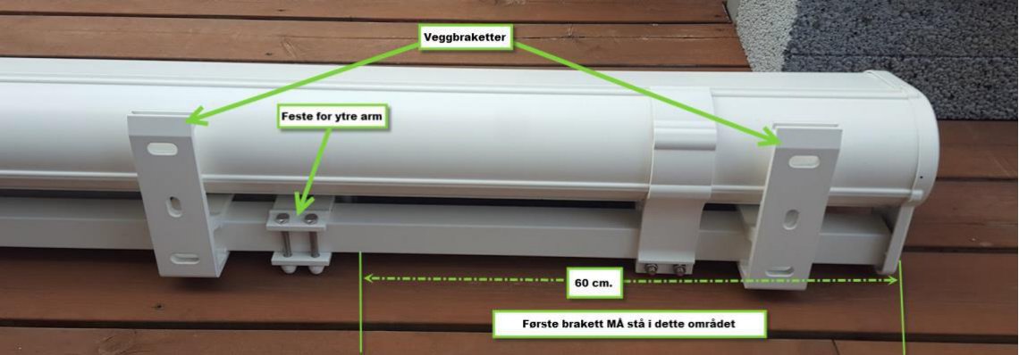 Diagram over veggbraketter, feste for ytre arm og 60 cm-området