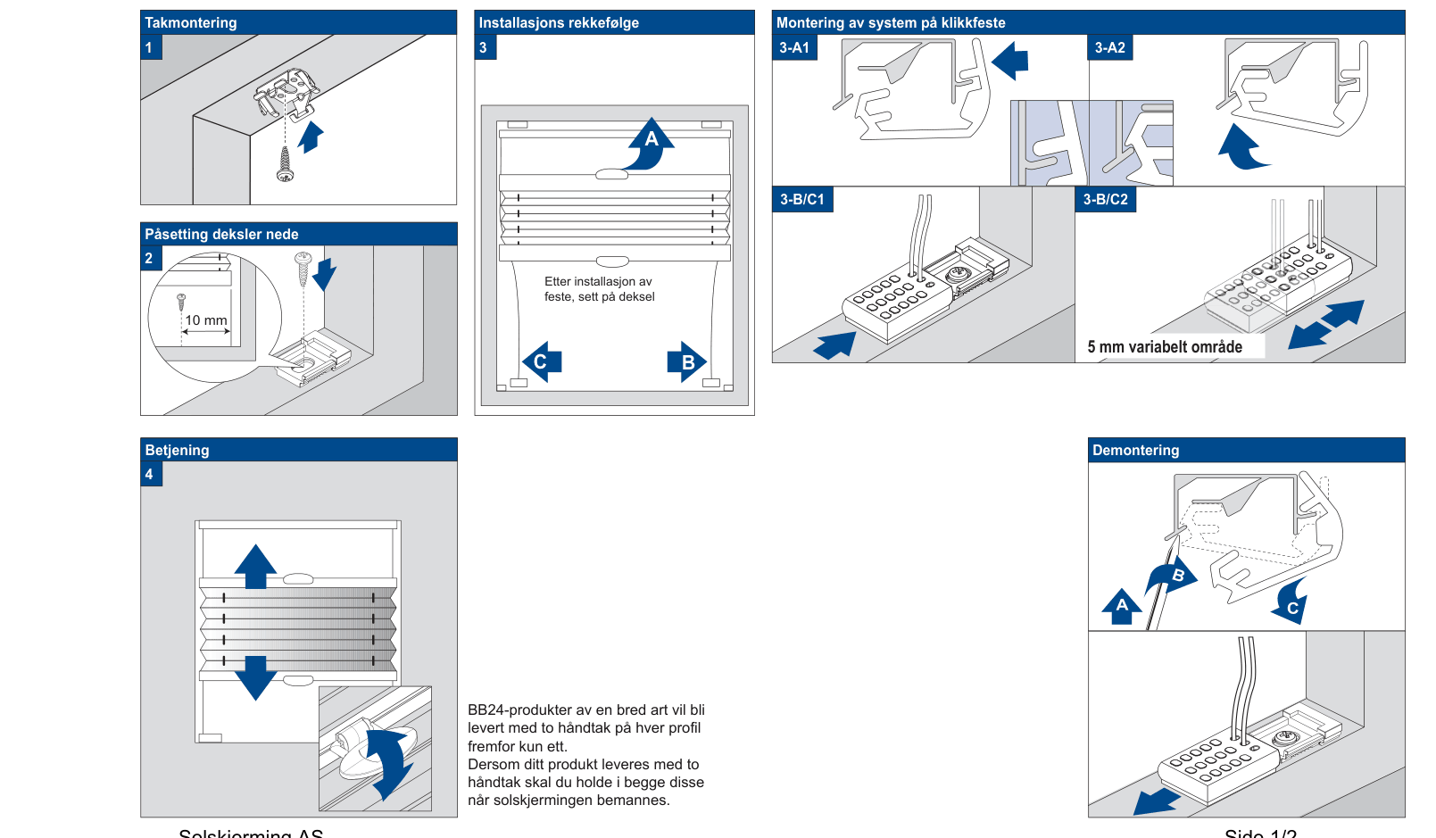 Stegdiagrammer for takmontering av DB20: 1 takmontering med skrue, 2 påsetting deksler nede med 10 mm, 3 installasjonsrekkefølge A/B/C, 3-A1/3-A2/3-B/C1/3-B/C2 montering av system på klikkfeste med 5 mm variabelt område, 4 betjening og demontering