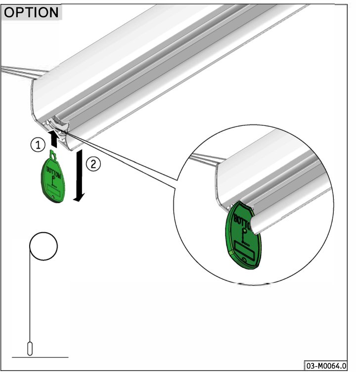 OPTION: grønt merke med teksten BOTTOM føres inn i sporet i bunnlisten (1) og skyves nedover (2), med forstørret detalj av merket i sporet