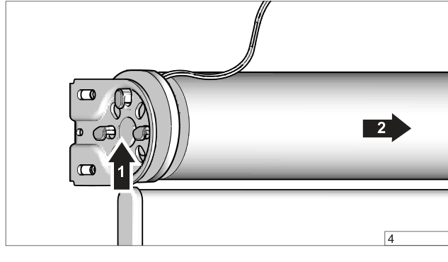 Motorhode med kabel settes inn i flat stålbrakett; pil opp (1) og pil mot siden (2)