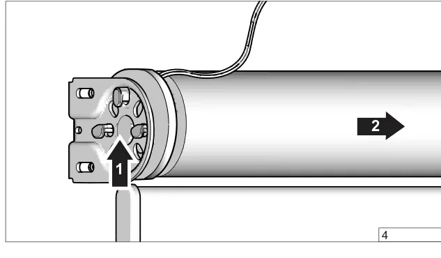 Motorhode med kabel settes inn i flat stålbrakett; pil opp (1) og pil mot siden (2)