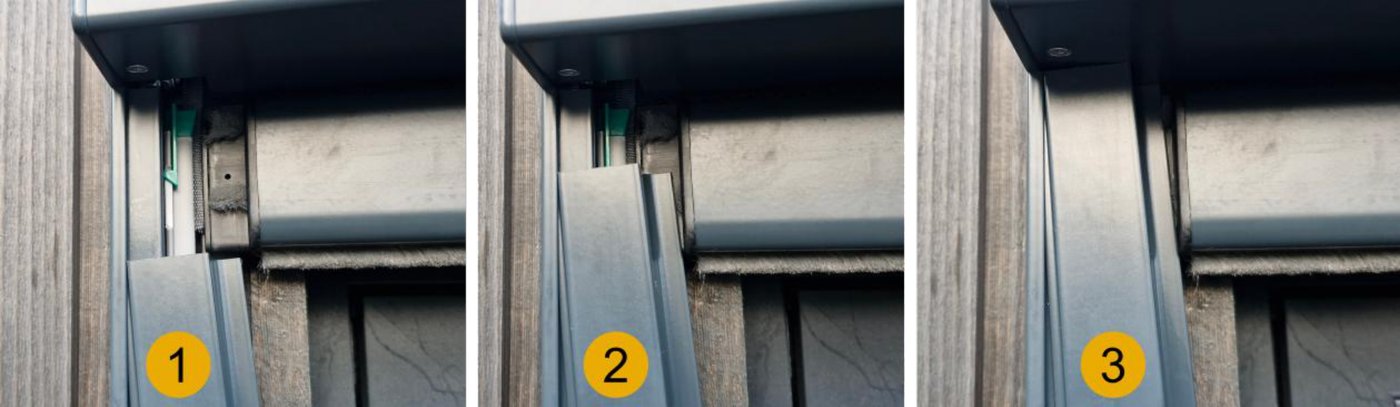 Tre nummererte nærbilder (1, 2, 3) som viser lukkeprofilen føres opp langs sporet i sideskinnen og klemmes på plass