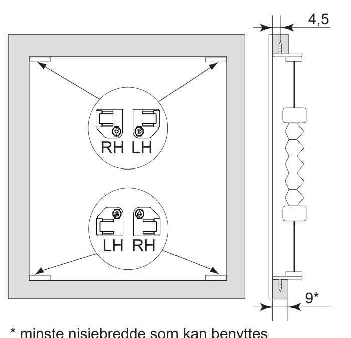 Nisjediagram som viser plassering av plastføtter merket RH og LH i øvre og nedre hjørner