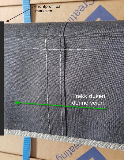 Markiseduk med pil som viser trekkretning og frontprofil på markisen