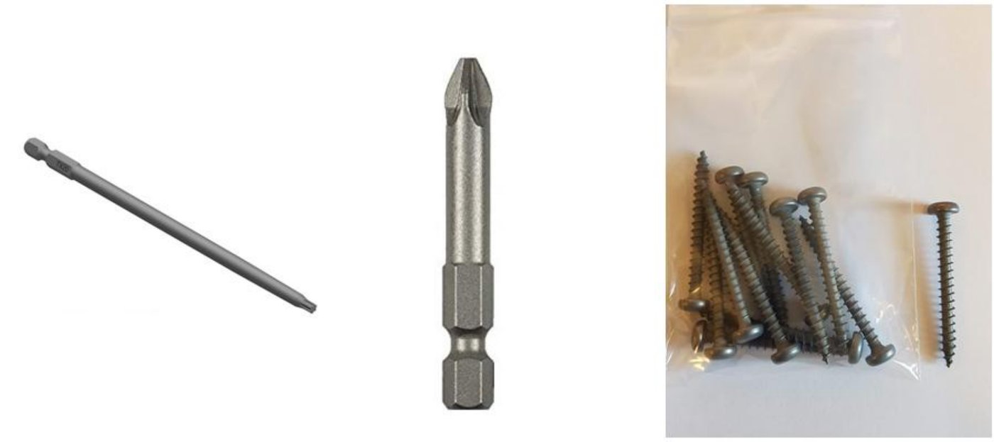 En lang bitsholder, en Philips-bits og en pose med treskruer med panhode