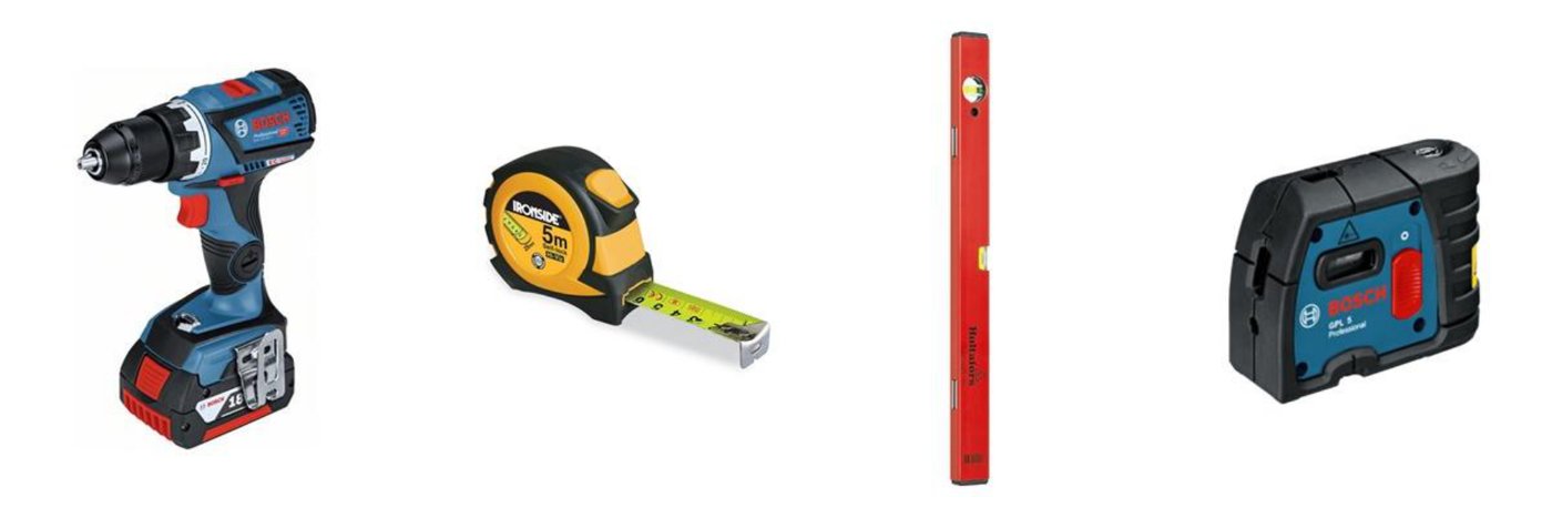 Fire verktøy på rad: batteridrill, båndmål, langvater og en punktlaser/laservater