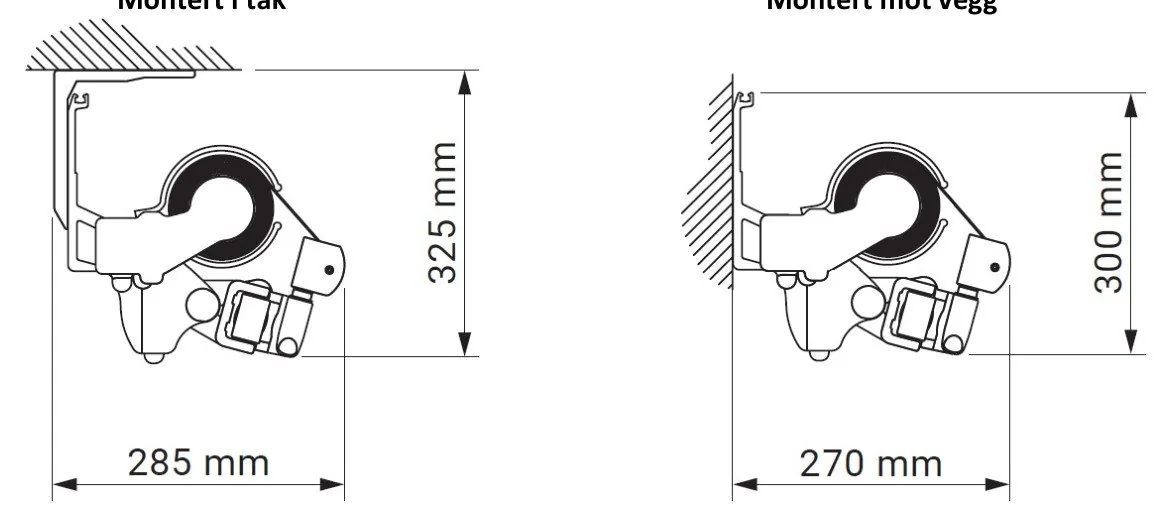 Tverrsnitt av markisekassett i lukket posisjon med mål 325 mm x 285 mm montert i tak og 300 mm x 270 mm montert mot vegg