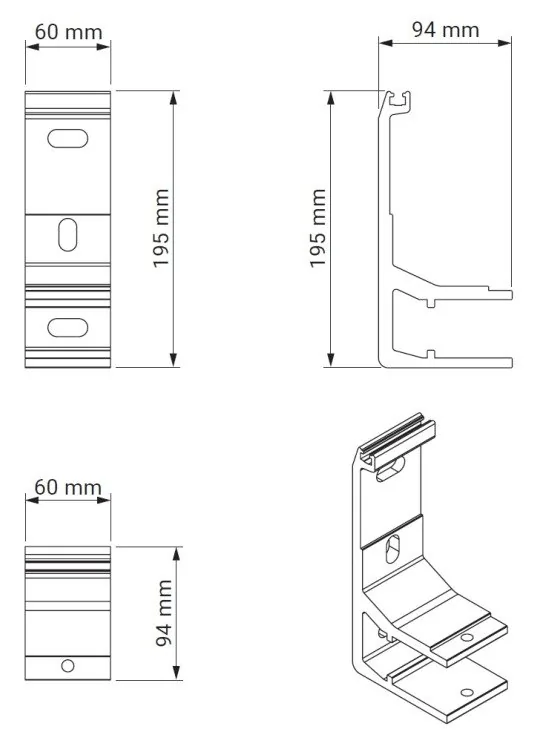 Måltegninger av veggbrakett med mål 60 mm, 94 mm og 195 mm