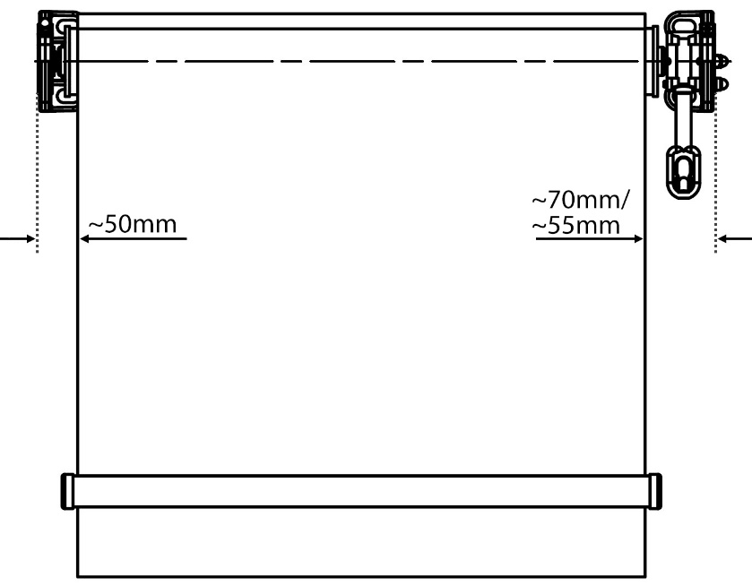 Måltegning som viser avstand fra duk til ytterkant, ~50mm og ~70mm/~55mm