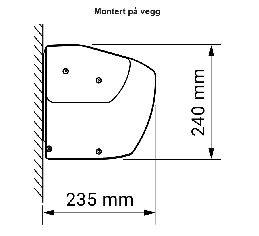 Tverrsnitt av Corsica-kassett i lukket posisjon montert på vegg, 235 mm dyp og 240 mm høy