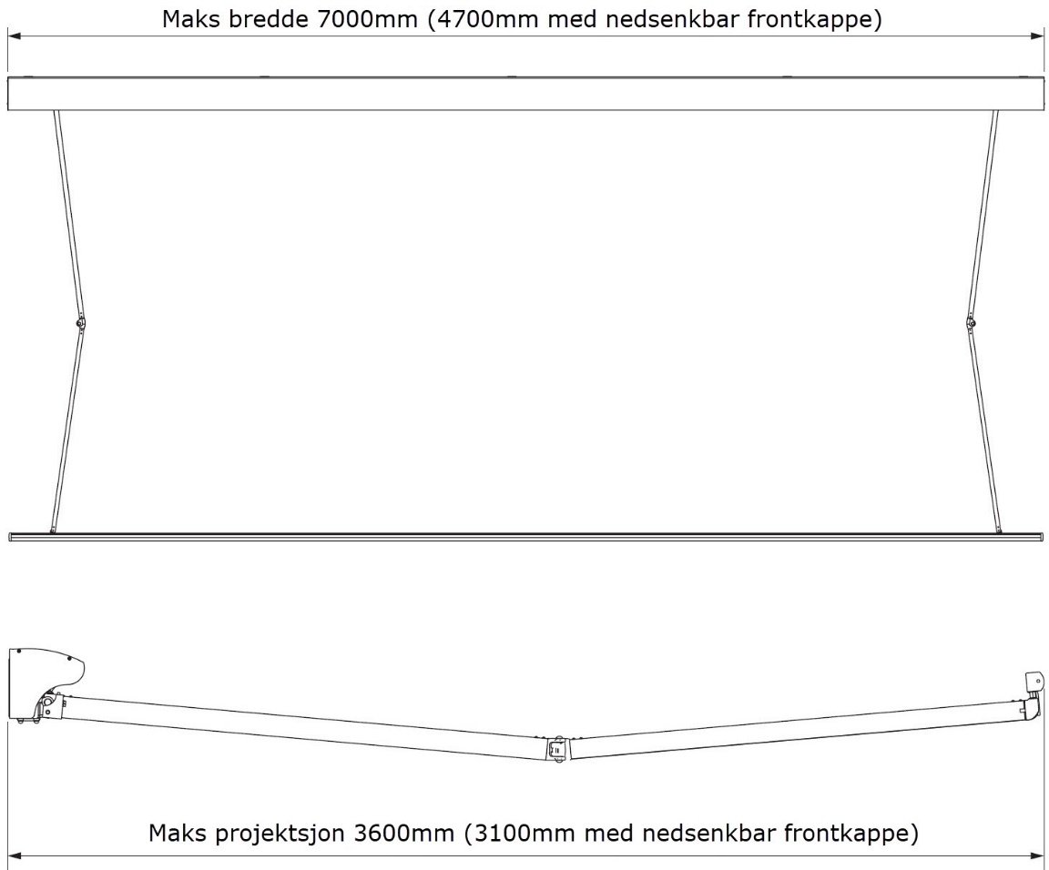 Front- og toppriss av Zena terrassemarkise med maks bredde og maks projeksjon