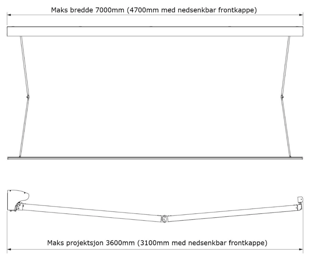 Front- og toppriss av Jamaica terrassemarkise med maks bredde og maks projeksjon