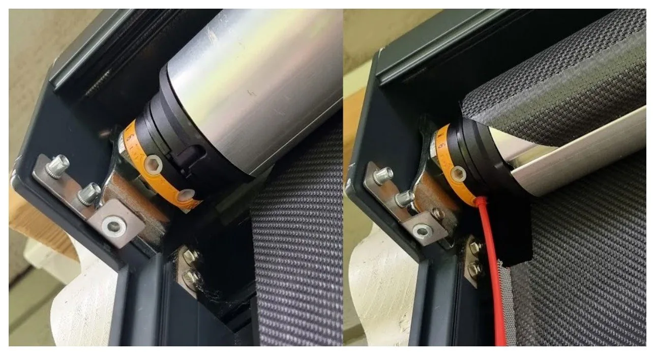 Somfy LS-motor montert i toppkassen på en ZIP Screen 95, vist fra to vinkler