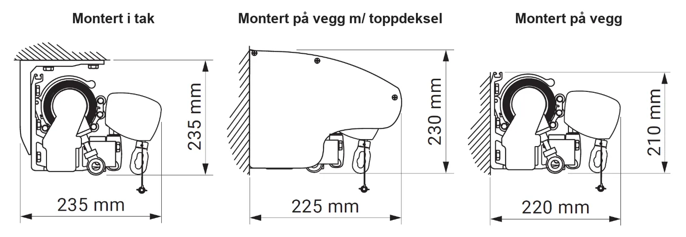 Tverrsnitt av markisekassett i lukket posisjon med nedsenkbar frontkappe, med mål for tre monteringsmåter