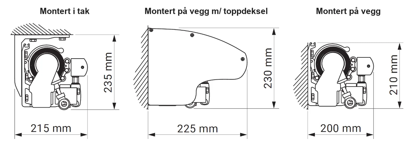 Tverrsnitt av markisekassett i lukket posisjon uten nedsenkbar frontkappe, med mål for tre monteringsmåter
