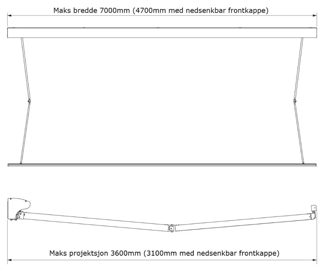 Front- og toppriss av Jamaica terrassemarkise med maks bredde og maks projeksjon