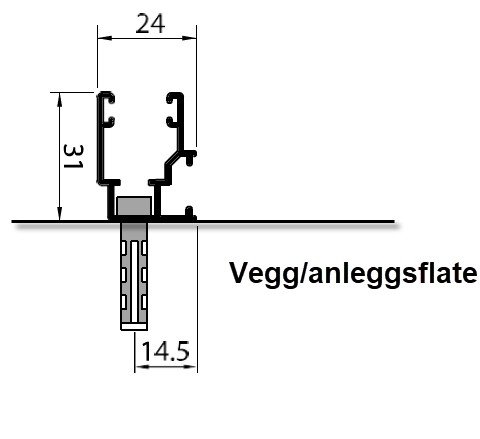 Snitt av nisjemontering mot vegg/anleggsflate, mål 24, 31 og 14.5