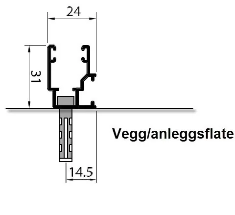 Snitt av nisjemontering mot vegg/anleggsflate, mål 24, 31 og 14.5