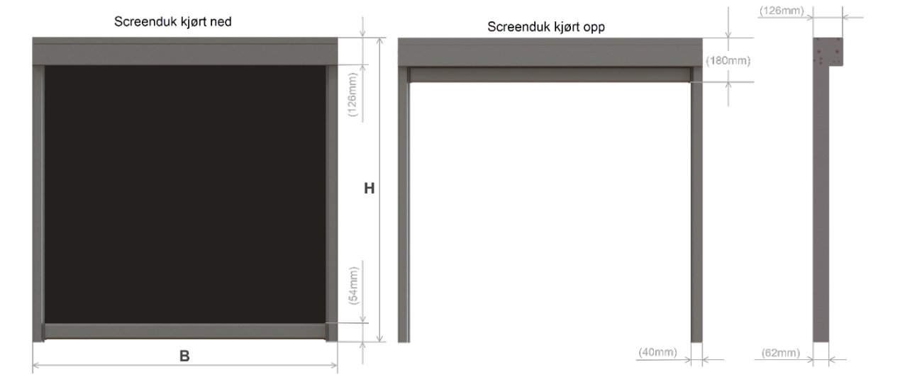 Konstruksjonsmål ZIP Screen 126 – screenduk kjørt ned og opp