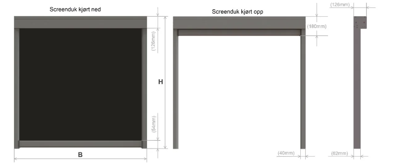 Konstruksjonsmål ZIP Screen 126 – screenduk kjørt ned og opp