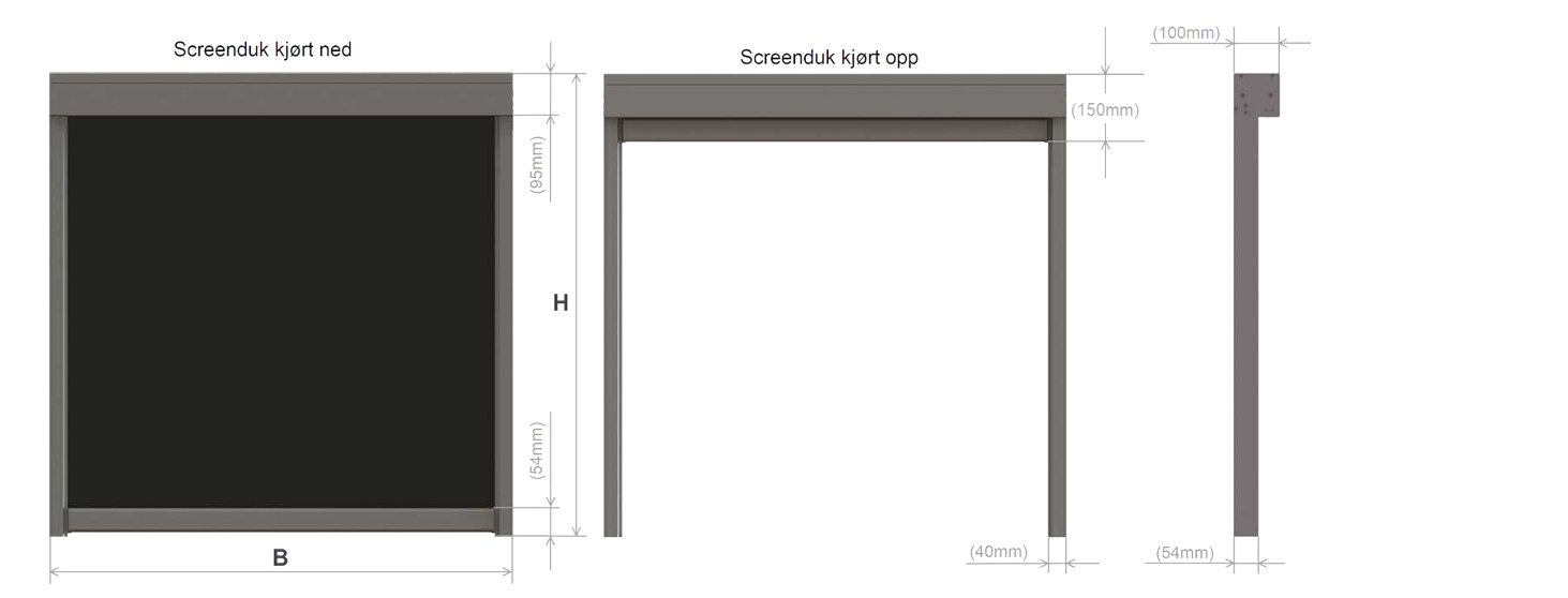 Konstruksjonsmål ZIP Screen 95 – screenduk kjørt ned og opp
