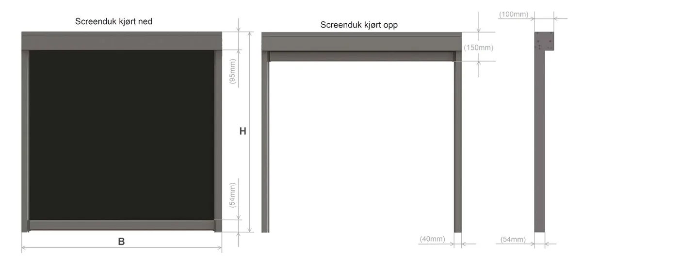 Konstruksjonsmål ZIP Screen 95 – screenduk kjørt ned og opp