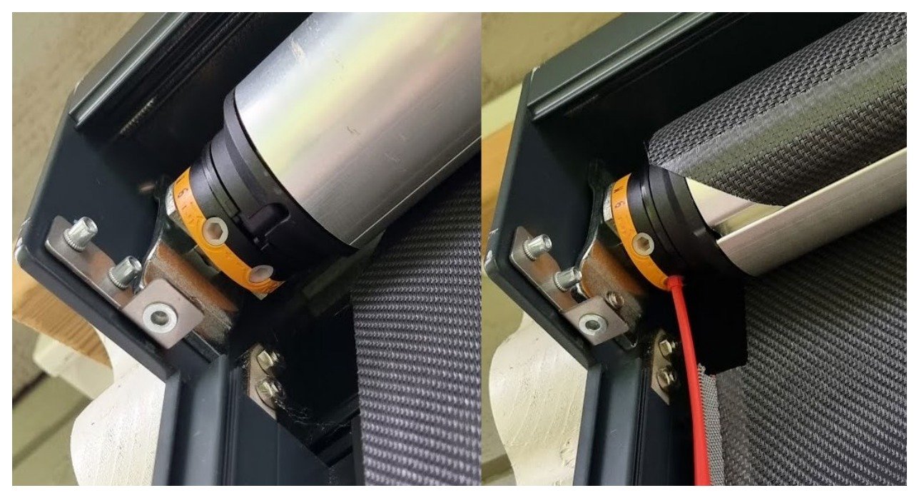 Somfy LS-motor montert i toppkassen på en ZIP Screen 95, vist fra to vinkler