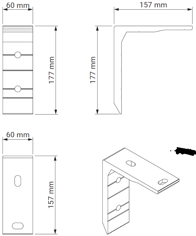 Måltegning av takbrakett med dimensjoner 60 mm, 157 mm og 177 mm
