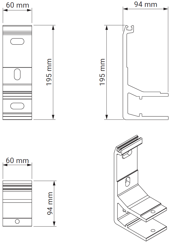 Måltegning av veggbrakett med dimensjoner 60 mm, 94 mm og 195 mm
