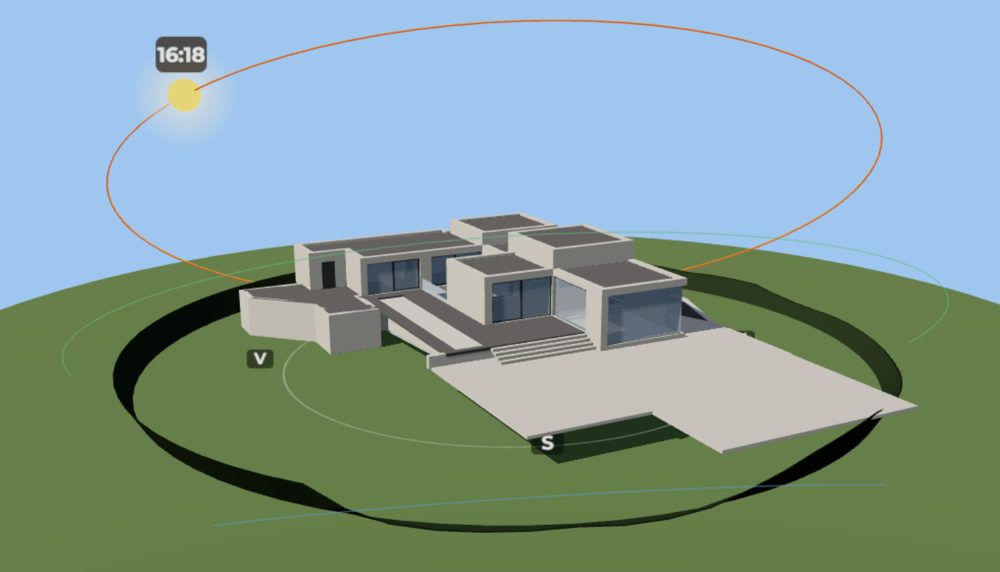 3D-modell av huset på Nesøya med solbanen tegnet over, fra solkalkulatoren