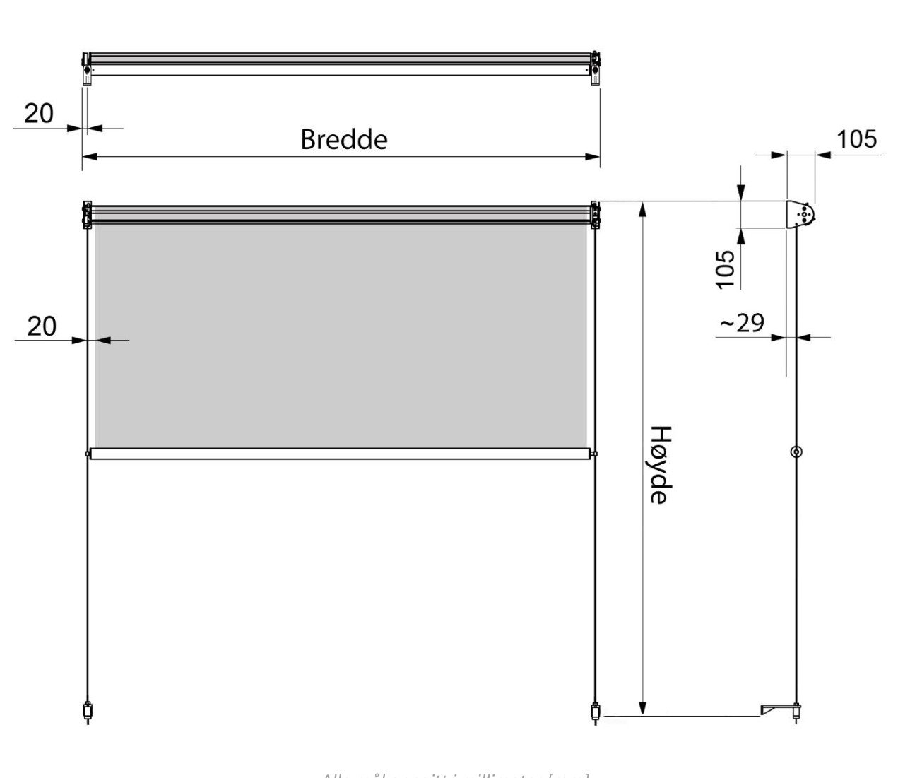 Måltegning som viser Bredde og Høyde, med mål 20 mm dukinntrekk på hver side, 105 mm brakettmål og ~29 mm avstand fra vegg