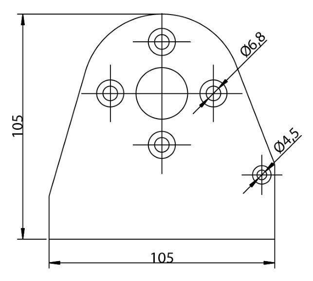 Måltegning av toppbrakett 105 x 105 mm med hullmål Ø6,8 og Ø4,5