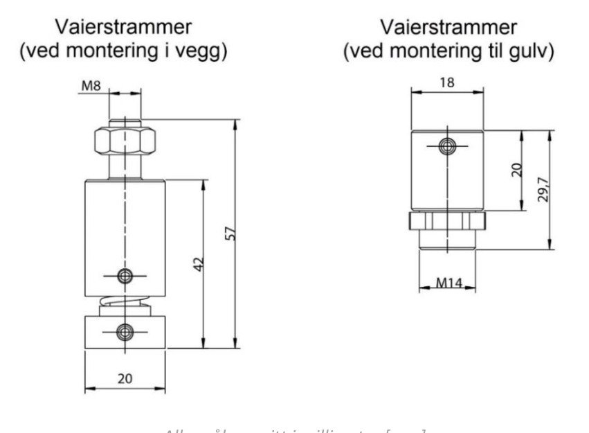 Måltegning av vaierstrammer ved montering i vegg (M8, 57, 42, 20 mm) og ved montering til gulv (18, 20, 29,7, M14 mm)