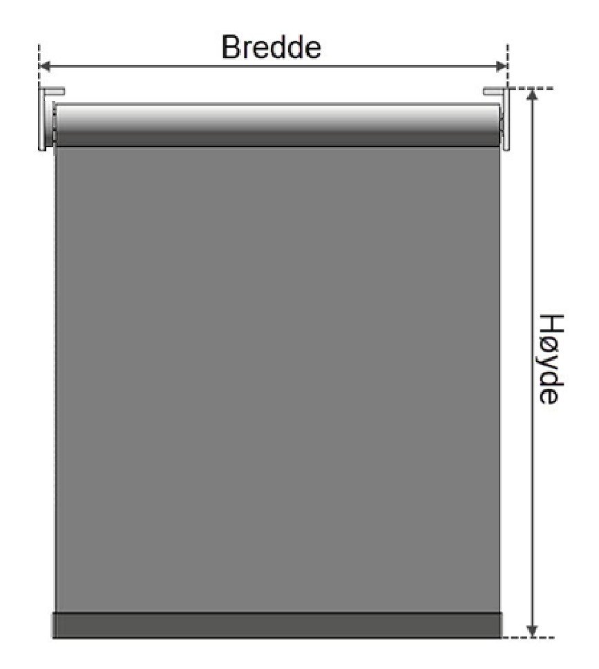 Diagram av rullegardin med målpiler som viser Bredde på tvers og Høyde vertikalt