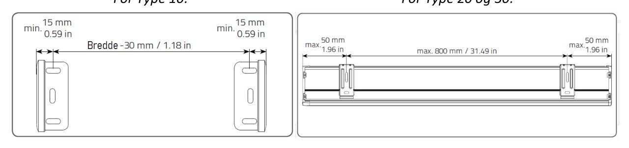 Plasseringsmål for braketter: For Type 10 med min. 15 mm fra hver ende og Bredde -30 mm, og For Type 20 og 30 med maks. 50 mm fra hver ende og maks. 800 mm mellom braketter