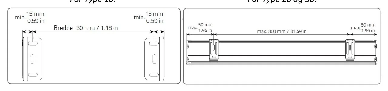 Plasseringsmål for braketter: For Type 10 med min. 15 mm fra hver ende og Bredde -30 mm, og For Type 20 og 30 med maks. 50 mm fra hver ende og maks. 800 mm mellom braketter
