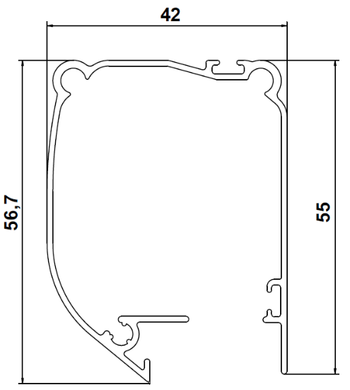 Tverrsnitt av kassett med mål 42, 55 og 56,7 mm