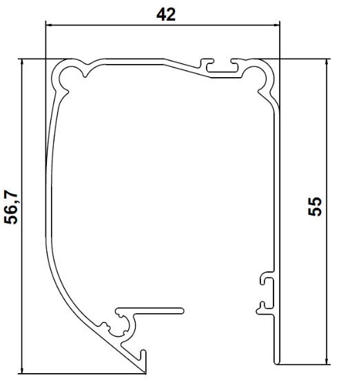 Tverrsnitt av kassett med mål 42, 55 og 56,7 mm